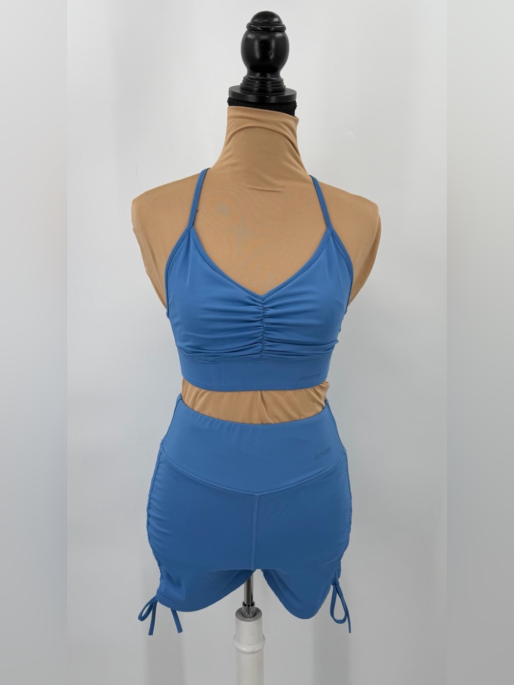 Bo+Tee Blue Ruched Sports Bra High Waist Shorts matching Activewear Set gym